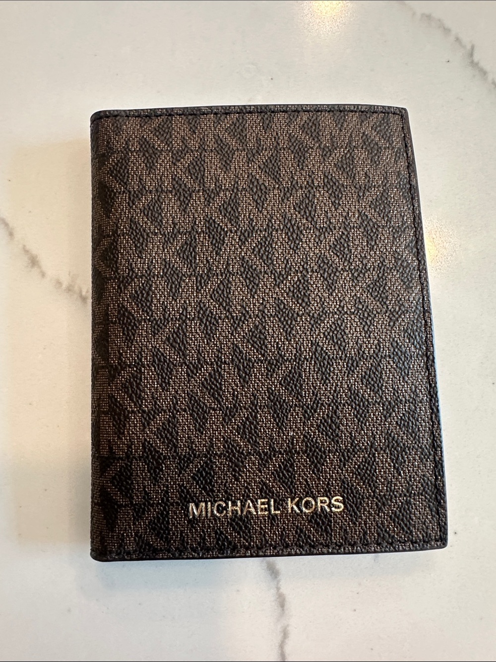 Michael Kors Dark Brown Monogram Card & Passport Holder with Gold Logo